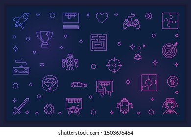 Video Games concept outline colored illustration - vector Gamer banner on dark background