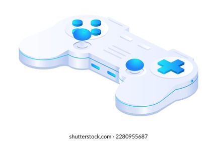 Video games console. Controller or joystick with wireless connection to computer, laptop or gaming station. Device for arcade and video games. Cartoon isometric vector illustration