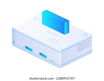 Video games console. Game station with disc space. Console for games and entertainment. Modern technologies and innovations. Poster or banner for website. Cartoon isometric vector illustration