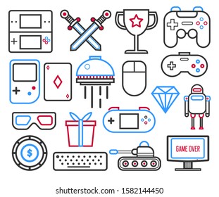 Video games console with joystick controllers and toys linear icons