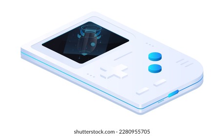 Videospielkonsole. Moderne Technologien und Innovationen. Controller und Joystick mit Bildschirm und blauen Tasten. Vorlage, Layout und Muster. Cartoon isometrische Vektorgrafik