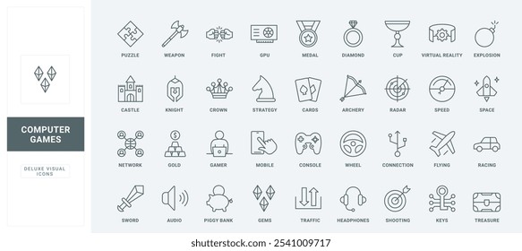 Video games and console, professional esport tournament in fight, shooting, or car race thin black outline symbols vector illustration. Online games for mobile phone and PC line icons set.
