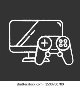 Video games and consoles chalk icon. Hobbies and computer supplies. Game controller and monitor screen. Modern entertainment concept. E commerce department. Isolated vector chalkboard illustration