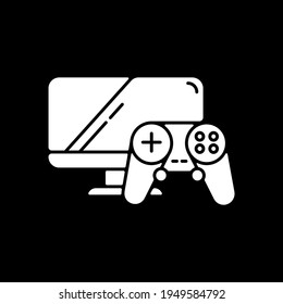 Video games and consoles dark mode glyph icon. Computer, game controller and monitor. Fun and leisure. Online store category. White silhouette symbol on black space. Vector isolated illustration