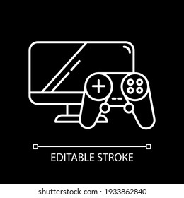 Video Games And Consoles White Linear Icon For Dark Theme. Computer, Game Controller And Monitor. Thin Line Customizable Illustration. Isolated Vector Contour Symbol For Night Mode. Editable Stroke