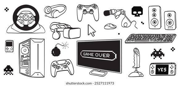 Vídeo games rabiscar conjunto de desenho. Coleção de joysticks e controladores. Computador, óculos e aparelhos. Fones de ouvido e mouse, monitor. Ilustrações de vetor de linha de desenhos animados isoladas sobre fundo branco