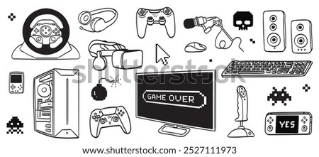 Video games doodle drawing set. Collection of joysticks and controllers. Computer, vr glasses and gadgets. Headphones and mouse, monitor. Cartoon line vector illustrations isolated on white background