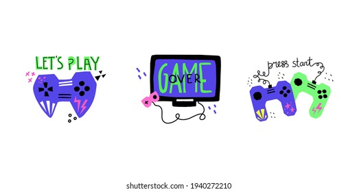 Video games. Doodle hand drawn joystick, console and lettering, bright modern cartoon video game concept, gamepad for console or pc, t-shirt print or poster gamer geek vector isolated illustration set