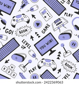 Video games doodle seamless pattern. Hand drawn background with various gaming elements. Portable electronic gadget, console, joystick, controller, computer, buttons, symbols. Vector illustration