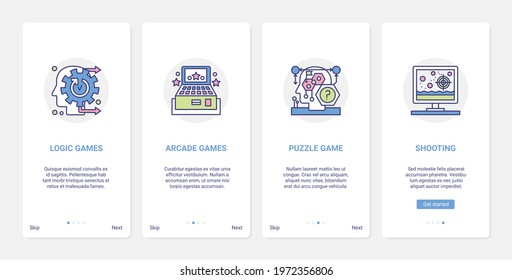 Video games entertainment genres vector illustration. UI, UX onboarding mobile app page screen set with line abstract human head playing logic and puzzle games, arcade gaming, military target shooting