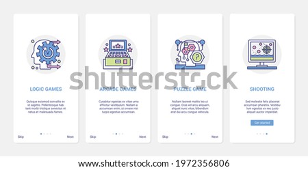 Video games entertainment genres vector illustration. UI, UX onboarding mobile app page screen set with line abstract human head playing logic and puzzle games, arcade gaming, military target shooting