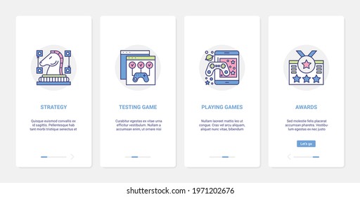 Video games entertainment technology vector illustration. UI, UX onboarding mobile app page screen set with line award medal for gamer player winner, gaming playing test and strategy chess symbols