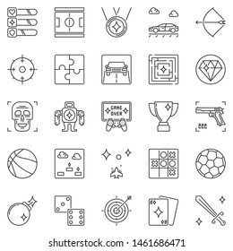 Video Games and Entertainment vector icons set in thin line style. Game outline concept symbols