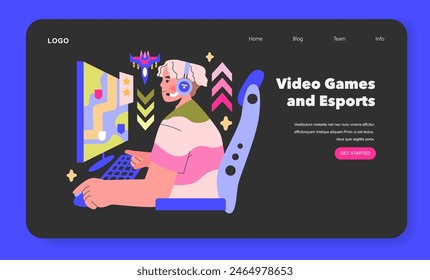 Video Games and Esports concept A focused gamer is deeply immersed in an electronic battle, showcasing the thrill of competitive gaming Esports culture visualized Vector illustration