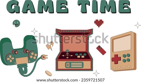  Video games. Gadgets for video games. Old games machine. Gamepads, vintage assets in retro style, latest vector images, set isolated