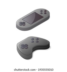 Video games. Game console and gamepad. Colored isometric vector illustration. Isolated on white background. 