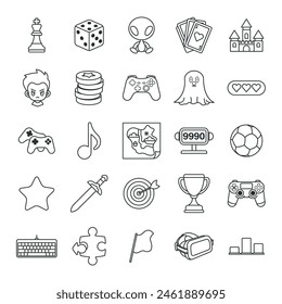 Video games, Game genres and attributes icon set, Included icons as Joystick, Keyboard, Virtual Reality, Castle and more symbols collection, logo isolated vector illustration