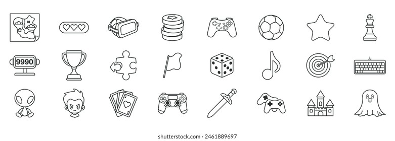 Video games, Game genres and attributes icon set, Included icons as Joystick, Keyboard, Virtual Reality, Castle and more symbols collection, logo isolated vector illustration