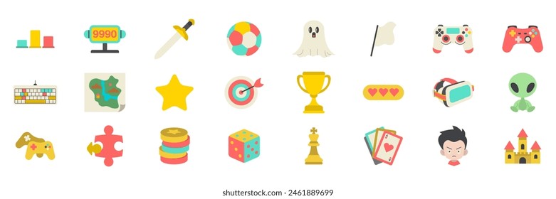 Video games, Game genres and attributes icon set, Included icons as Joystick, Keyboard, Virtual Reality, Castle and more symbols collection, logo isolated vector illustration