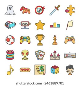 Video games, Game genres and attributes icon set, Included icons as Joystick, Keyboard, Virtual Reality, Castle and more symbols collection, logo isolated vector illustration