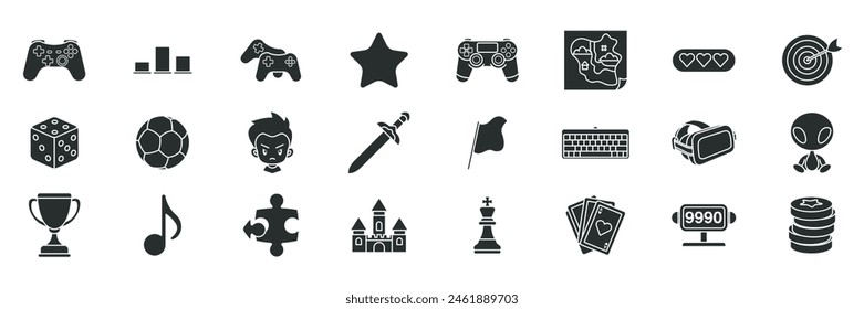 Video games, Game genres and attributes icon set, Included icons as Joystick, Keyboard, Virtual Reality, Castle and more symbols collection, logo isolated vector illustration