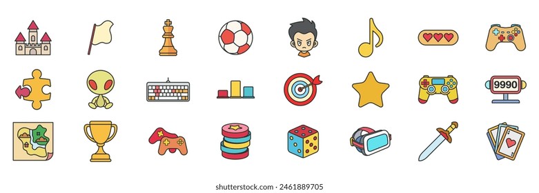 Video games, Game genres and attributes icon set, Included icons as Joystick, Keyboard, Virtual Reality, Castle and more symbols collection, logo isolated vector illustration