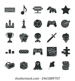 Video games, Game genres and attributes icon set, Included icons as Joystick, Keyboard, Virtual Reality, Castle and more symbols collection, logo isolated vector illustration