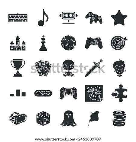 Video games, Game genres and attributes icon set, Included icons as Joystick, Keyboard, Virtual Reality, Castle and more symbols collection, logo isolated vector illustration
