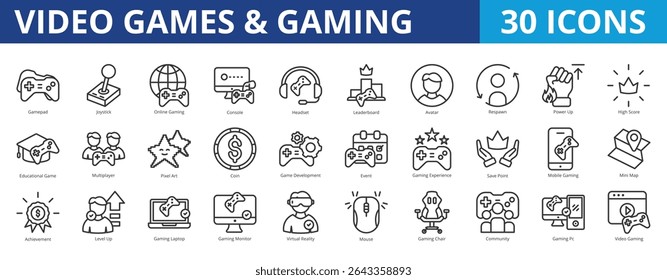 Vídeo games e coleção de pacotes de ícones de jogos para entretenimento, relaxamento e esporte. Com gamepad, joystick, jogos online, console, headset, placar de líder, evento, respawn, power up, recorde
