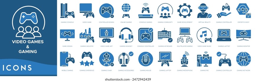 Video Games and Gaming icon set. Gaming Console, Video Game, Controller Design, Online, Console Gaming, Gaming Community, Game Development and Virtual Reality