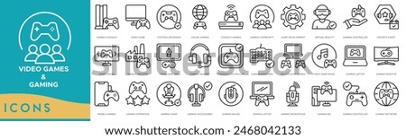 Video Games and Gaming icon set. Gaming Console, Video Game, Controller Design, Online, Console Gaming, Gaming Community, Game Development and Virtual Reality