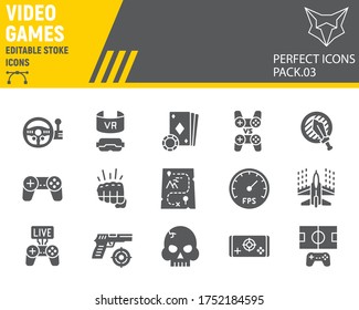 Video games glyph icon set, gaming symbols collection, vector sketches, logo illustrations, video gaming icons, play signs solid pictograms, editable stroke