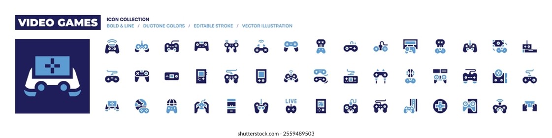 Video games icon collection. Bold style. Duotone colors. gamecontroller, gameconsole, game, joystick, gaming, gamepad, controller.