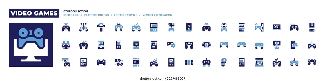 Video games icon collection. Bold style. Duotone colors. controllerpad, videogames, videogame, gameboy, gameconsole, arcadegame, game, gamecontroller.