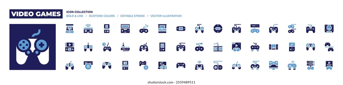 Video games icon collection. Bold style. Duotone colors. videogame, gameconsole, gamecontroller, gamepad, gaming, arcademachine, oculusrift.