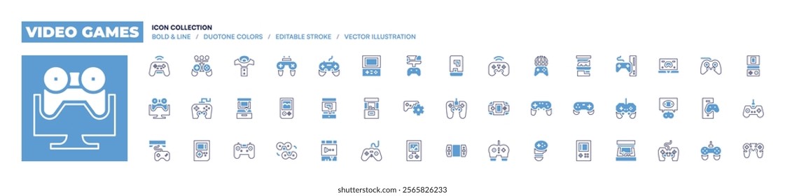 Video games icon collection. Bold line style. Duotone colors. Editable stroke. videogame, gameconsole, arcademachine, controller, tetris, handheldconsole.