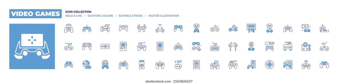 Video games icon collection. Bold line style. Duotone colors. Editable stroke. live, videogame, gamecontroller, gameconsole, arcademachine, handheldconsole, gamepad.