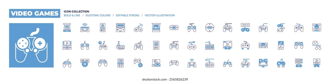 Video games icon collection. Bold line style. Duotone colors. Editable stroke. gamepad, videogame, videoconsole, gamecontroller, joystick, arcademachine.