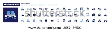 Video games icon collection. Bold style. Duotone colors. gamecontroller, gameconsole, game, joystick, gaming, gamepad, controller.