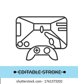 Video games icon. Gaming on computer or video entertainment activity concept. Outline joystick and console sign isolated. Vector editable illustration