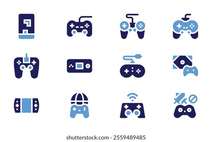 Video games icon set. Bold style. Duotone colors. joystick, videogame, gameconsole, mobilegame, gamepad.