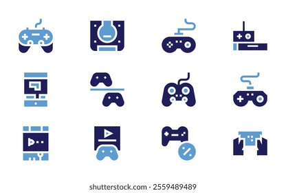 Video games icon set. Bold style. Duotone colors. videogame, gamecontroller, gameconsole, arcademachine, joystick, tetris, gamepad, discount.