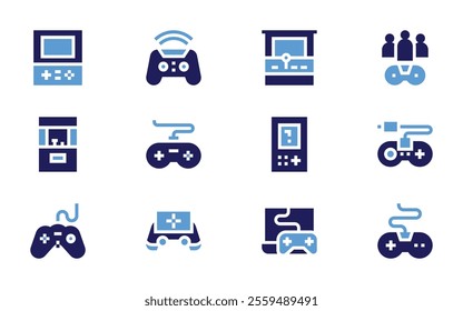 Video games icon set. Bold style. Duotone colors. gamecontroller, videogame, videoconsole, arcademachine, joystick, controller.