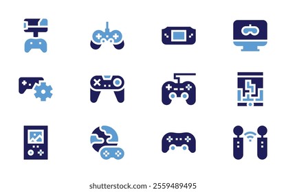 Video games icon set. Bold style. Duotone colors. gamepad, videogame, gamecontroller, game, gameconsole, controller, gaming, handheldconsole.