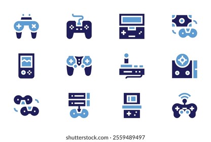 Video games icon set. Bold style. Duotone colors. gameconsole, videogame, videoconsole, gamecontroller, console, gamepad, database.