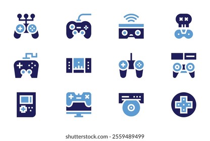 Video games icon set. Bold style. Duotone colors. gamecontroller, videogame, gameover, gameboy, game, gamepad, gaming, virtualreality, oculusrift.