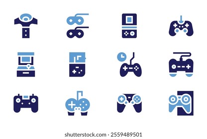 Video games icon set. Bold style. Duotone colors. controllerpad, videogame, gameconsole, arcadegame, gamecontroller, gamepad, gamepads.