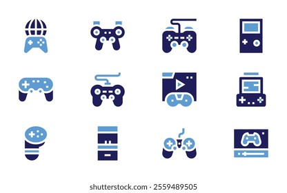 Video games icon set. Bold style. Duotone colors. controllerpad, gamecontroller, arcademachine, joystick, gamepad, livestreaming.