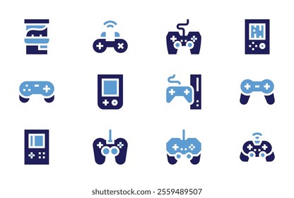 Video games icon set. Bold style. Duotone colors. gameconsole, videogame, gamecontroller, gamepad, handheldconsole, arcademachine.