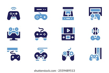 Video games icon set. Bold style. Duotone colors. console, videogames, videogame, gameconsole, gamecontroller, arcademachine, gamepad.